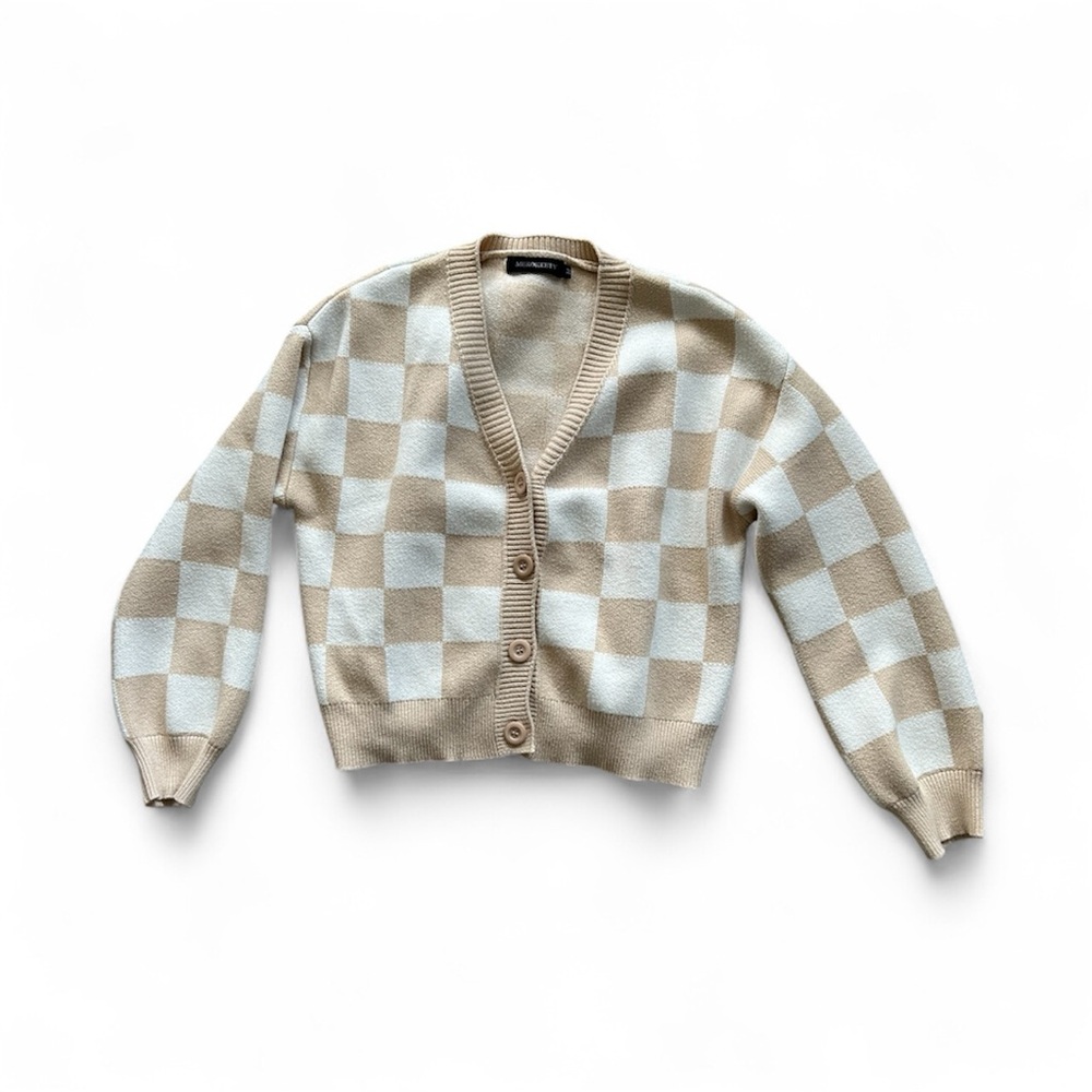 Checkerboard V-Neck Cardigan Sweater - Beige & Cream